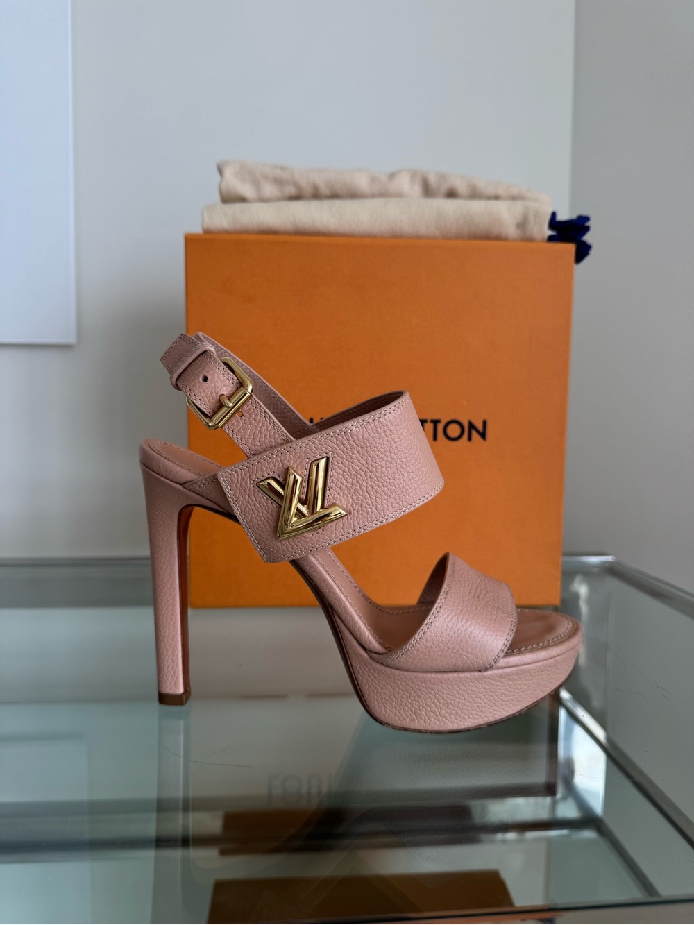 Louis Vuitton Blush Leather Platform Sandal with Gold LV Accent